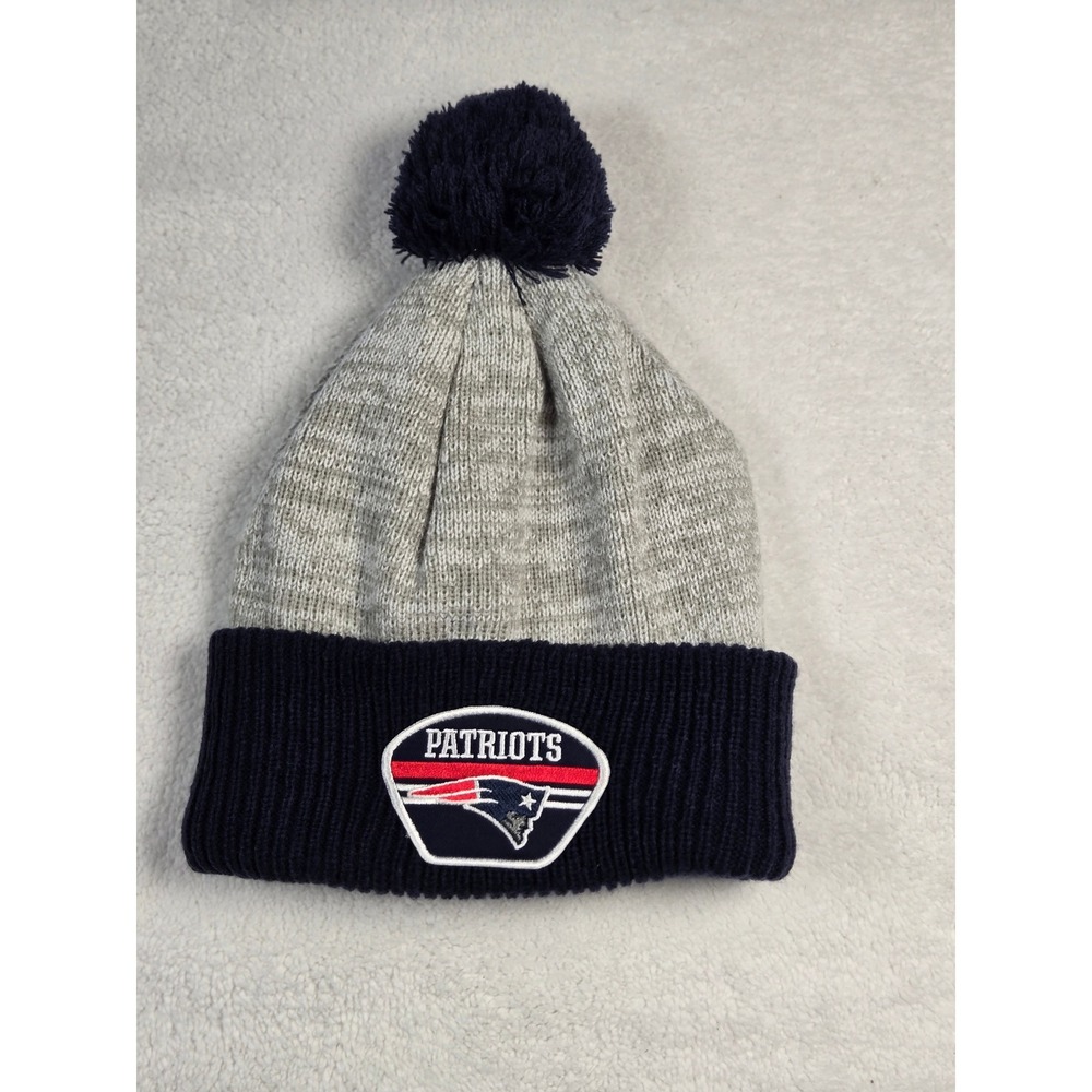 NFL Team Apparel New England Patriots Pom Beanie Navy Blue Grey Cuffed Knit Hat